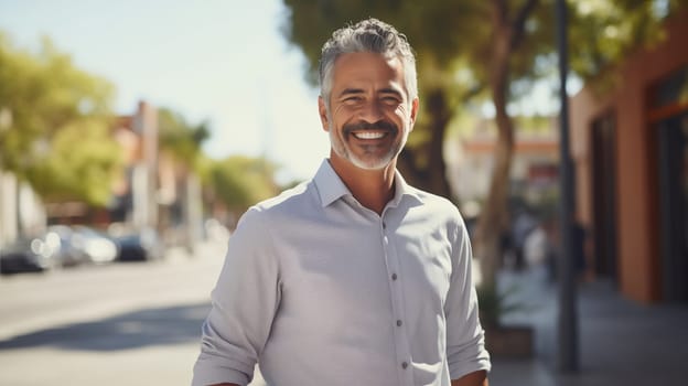 Confident happy smiling mature businessman standing in the city, man entrepreneur in shirt and looking at camera