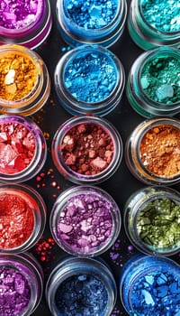 Assortment of colorful makeup pigments and powders in small glass jars.