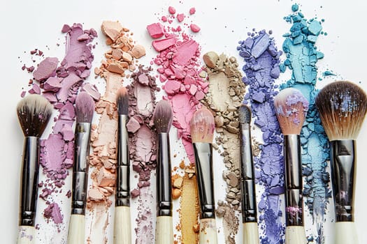 A close-up image of various makeup brushes covered in colorful eyeshadow and blush powder on a white background.