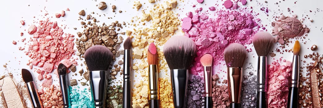 A close-up shot of various makeup brushes covered in colorful eyeshadow and blush powder, arranged artistically on a white background.