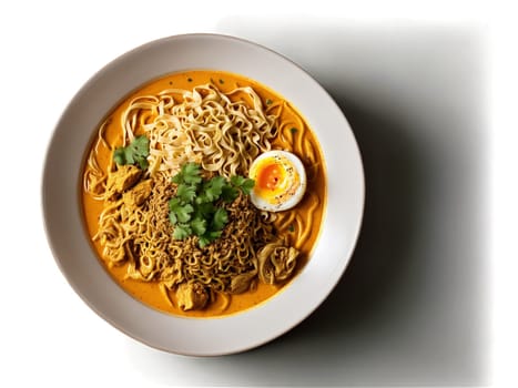 Khao soi with spicy coconut milk soup egg noodles and protein. Food isolated on transparent background.