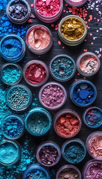 A variety of colorful makeup pigments and powders in small jars, arranged on a black surface.