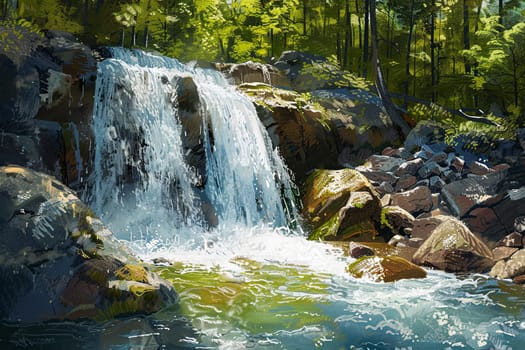 A painting of a waterfall flowing through a lush green forest with rocks.