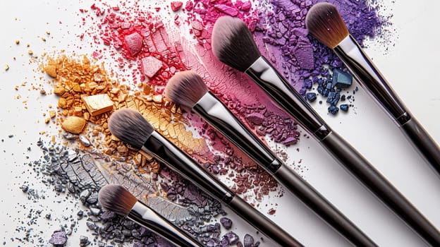 Close-up of colorful makeup brushes with eyeshadow and blush on a white background.
