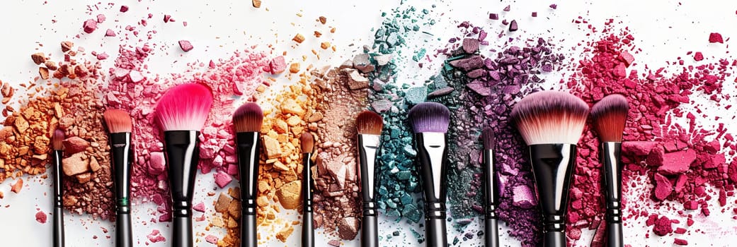 A close-up of makeup brushes covered in colorful eyeshadow and blush, creating a vibrant and artistic display.