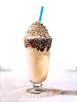 Lamington Cake Milkshake Tall glass with ice cream milk and crushed lamington cake unique Australi. Drink isolated on transparent background.