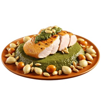 Chicken breast butterflied and raw with pesto sauce and pine nuts exploding in an Itali. Food isolated on transparent background.