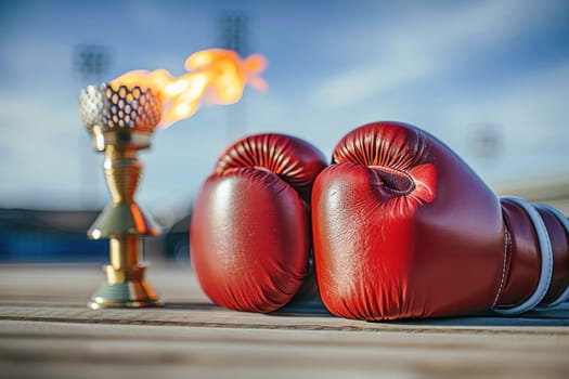 A pair of bright red boxing gloves sit on a wooden table near a torch, suggesting a sporty or active theme