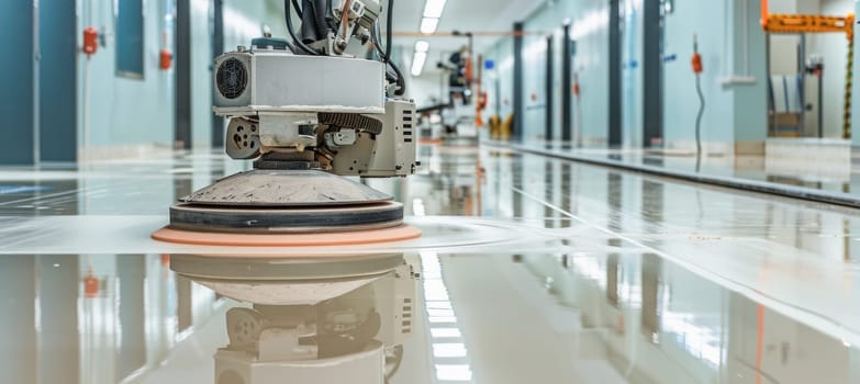 A machine built for cleaning is now operational on the floors of a structure, potentially a building