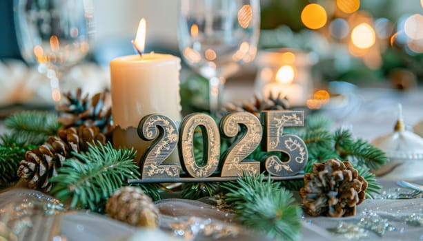 A Christmas table setting is enhanced by a candle, pine cones, and a 2025 sign, creating a cozy festive atmosphere
