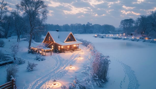 An aerial view captures a snowy house adorned with Christmas lights on the roof, set against a serene winter landscape