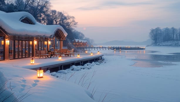 A snowcovered house peacefully stands by the shore of the lake, creating a serene and picturesque scene