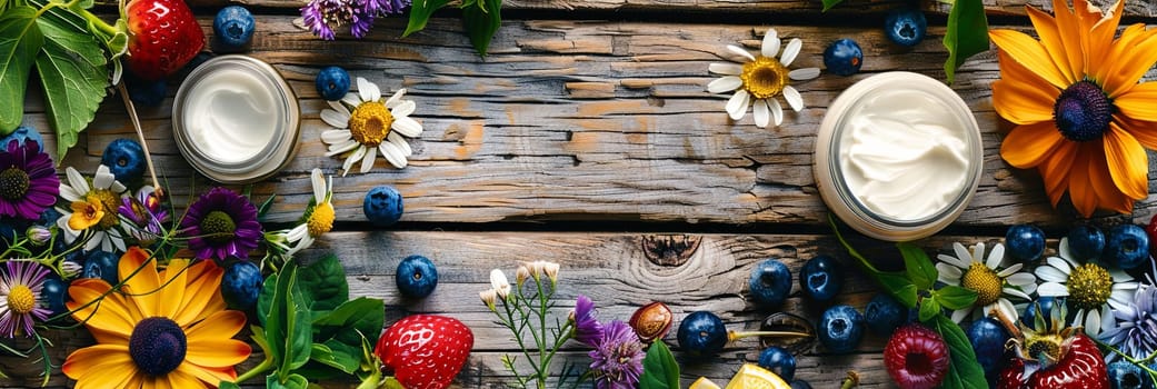 Natural and organic creams and lotions surrounded by fresh fruits, herbs, and flowers on a rustic wooden background.