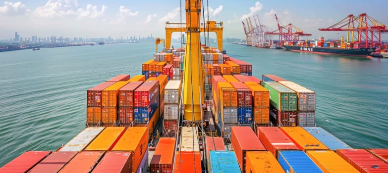 A large container ship is floating on the surface of the water, under the vast sky with some clouds