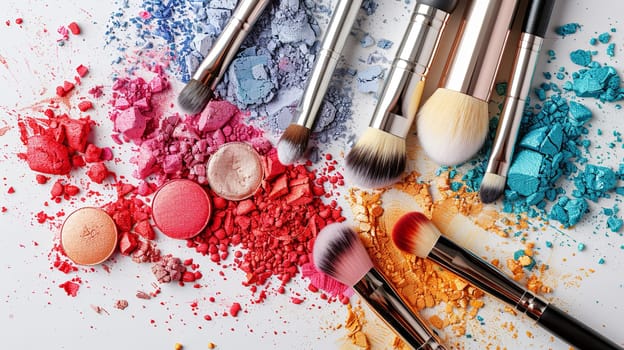 Makeup brushes covered in colorful eyeshadow and blush on a white background.