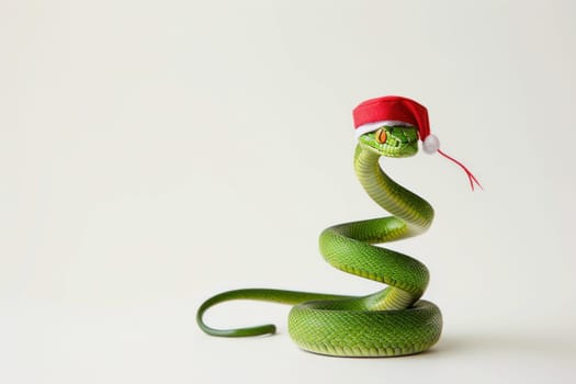 A green snake wearing a Santa hat against a white backdrop. Its a decorative item, not a living creature