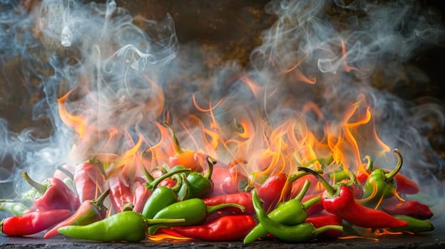 Image of hot peppers with flames and smoke, representing different types of chili peppers in cooking