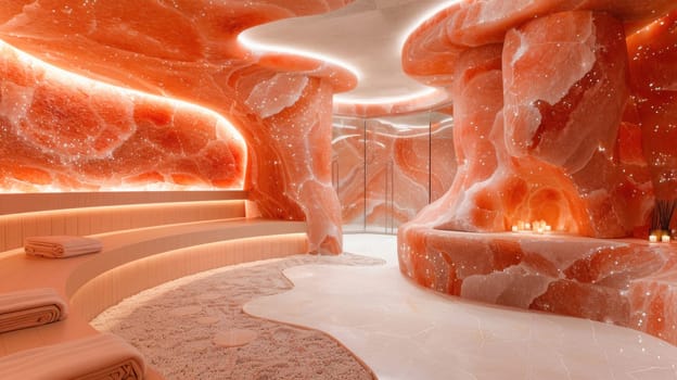 An artists interpretation of a salt cave with brickwork and peach tones, showcasing a unique event space