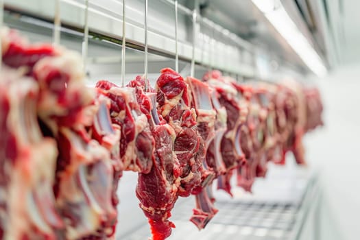 Raw meat hanging in a refrigerator, often associated with food and cuisine as an essential ingredient