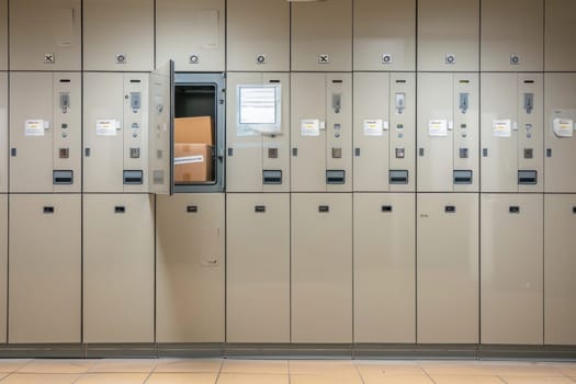 A row of lockers containing a box in one of them in a transparent room with metal fixtures and electrical supply