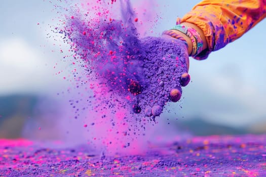 An exuberant individual joyfully scatters lively purple powder into the air, brimming with excitement and happiness