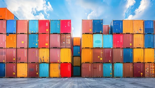 A row of colorful shipping containers stacked in a warehouse, with cloud, sky, colorfulness, and rectangle shapes