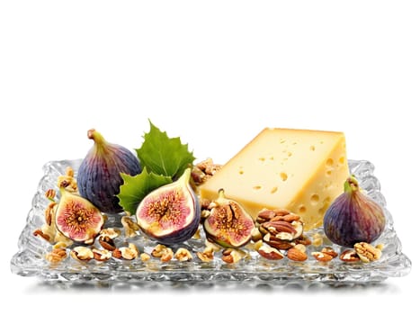 Christmas cocktail hour cheese platter with figs and nuts served on a transparent glass tray. Food isolated on transparent background.