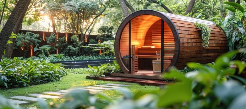 In a picturesque lush garden, a wooden barrel sauna stands as the centerpiece, surrounded by the serenity of nature