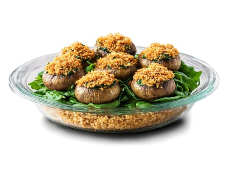 Vegetarian stuffed mushrooms with spinach garlic and breadcrumbs served on a transparent glass dish savory. Food isolated on transparent background.