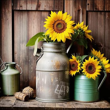 Vintage image of a rural farm wooden house with an antique milk can, a dilapidated barn, a bouquet of sunflowers. Junk journal. photograph with wear and tear. Country mood.