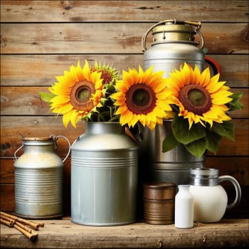 Vintage image of a rural farm wooden house with an antique milk can, a dilapidated barn, a bouquet of sunflowers. Junk journal. photograph with wear and tear. Country mood.