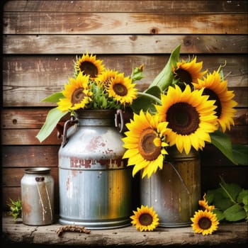 Vintage image of a rural farm wooden house with an antique milk can, a dilapidated barn, a bouquet of sunflowers. Junk journal. photograph with wear and tear. Country mood.