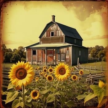 Vintage image of a rural farm wooden house with an antique milk can, a dilapidated barn, a bouquet of sunflowers. Junk journal. photograph with wear and tear. Country mood.