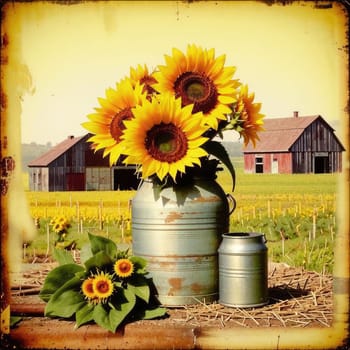 Vintage image of a rural farm wooden house with an antique milk can, a dilapidated barn, a bouquet of sunflowers. Junk journal. photograph with wear and tear. Country mood.