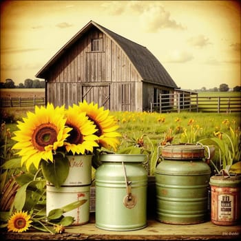 Vintage image of a rural farm wooden house with an antique milk can, a dilapidated barn, a bouquet of sunflowers. Junk journal. photograph with wear and tear. Country mood.