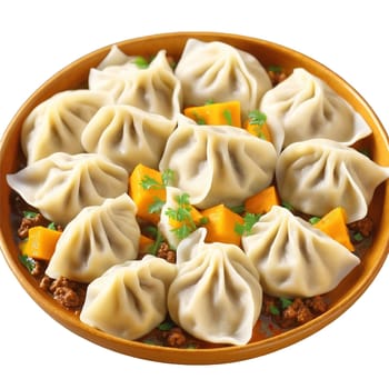 Kazakh manti steamed dumplings ground meat pumpkin onions served with sour cream Culinary and Food. close-up food, isolated on transparent background