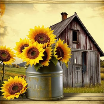 Vintage image of a rural farm wooden house with an antique milk can, a dilapidated barn, a bouquet of sunflowers. Junk journal. photograph with wear and tear. Country mood.