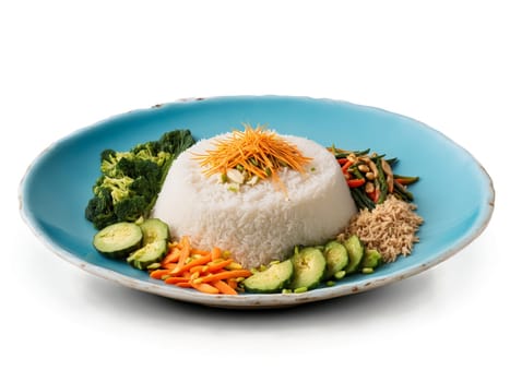 Nasi uduk with coconut milk rice vegetables and protein. Food isolated on transparent background.