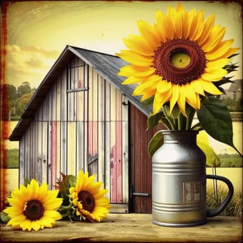 Vintage image of a rural farm wooden house with an antique milk can, a dilapidated barn, a bouquet of sunflowers. Junk journal. photograph with wear and tear. Country mood.