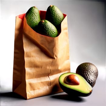 Biodegradable paper bag overflowing with heart healthy avocados with nutritious fruits spilling out Food. Food isolated on transparent background.