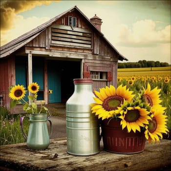 Vintage image of a rural farm wooden house with an antique milk can, a dilapidated barn, a bouquet of sunflowers. Junk journal. photograph with wear and tear. Country mood.