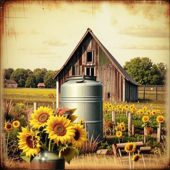 Vintage image of a rural farm wooden house with an antique milk can, a dilapidated barn, a bouquet of sunflowers. Junk journal. photograph with wear and tear. Country mood.