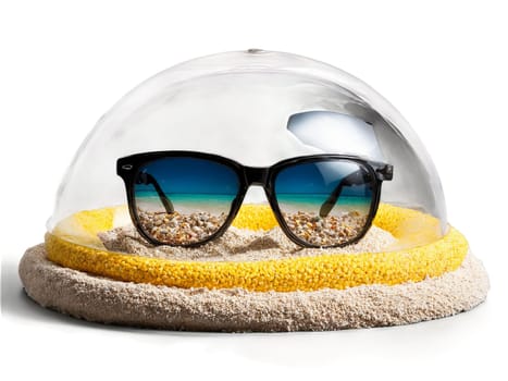 A glass dome enclosing a glasses on the Beach its elements like a tropical. Drink isolated on transparent background.