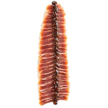 Duck prosciutto thin ribbons of cured meat aged balsamic droplets Food and Culinary concept. Food isolated on transparent background.