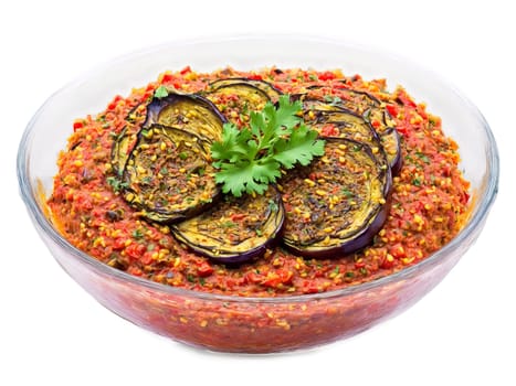 Baingan Bharta Roasted eggplant mashed with tomatoes onions and spices served in a glass bowl. Food isolated on transparent background.