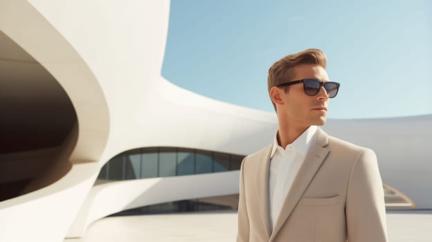 Fashion concept of successful stylish elegant man in white business suit looking away against the minimalism design architecture of a modern art museum building