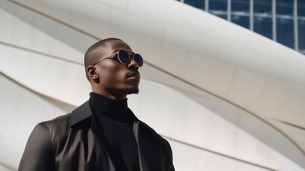 Fashion concept of confident stylish black man in business suit looking away against white minimalism design architecture of a modern art museum building