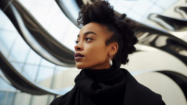 Fashionable portrait of stylish elegant black woman against the minimalism design architecture of a modern art museum building