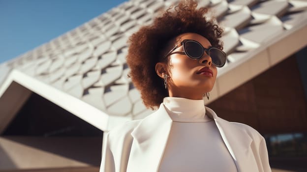 Fashionable portrait of stylish elegant black woman against the minimalism design architecture of a modern art museum building