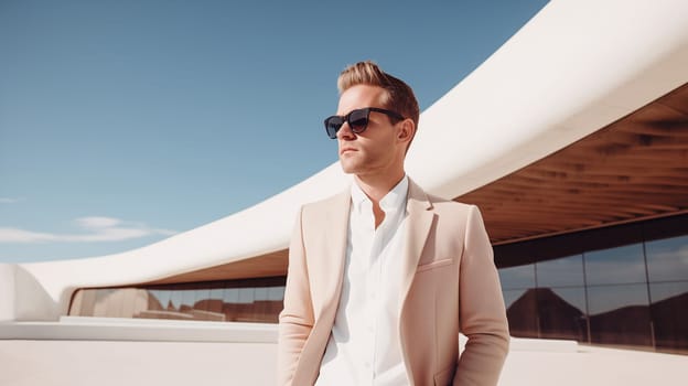 Fashion concept of successful stylish elegant man in white business suit looking away against the minimalism design architecture of a modern art museum building